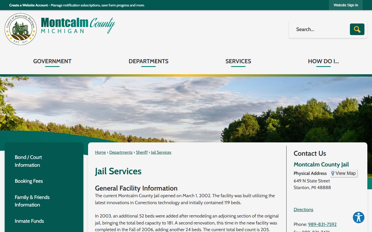 Montcalm County Jail Services inmate population and custody search information